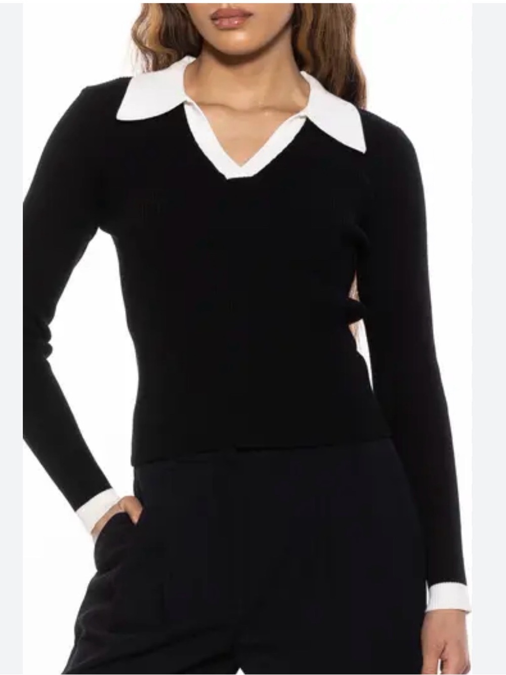 Dazy Black V-Neck Sweater with White Collar